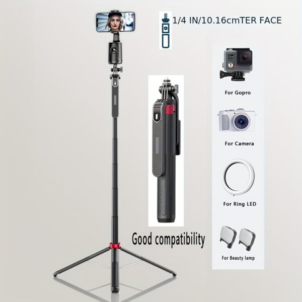 72" Extendable Professional Selfie Stick Tripod with Wireless Remote - 360° Smooth Rotation, Universal 1/4" Connector for Camera & Phone, Portable Aluminum Stand for Vlogging, Live Streaming, Video Recording, and Photography - Compact, Lightweight, and Durable Design - Image 5