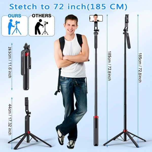 72" Extendable Professional Selfie Stick Tripod with Wireless Remote - 360° Smooth Rotation, Universal 1/4" Connector for Camera & Phone, Portable Aluminum Stand for Vlogging, Live Streaming, Video Recording, and Photography - Compact, Lightweight, and Durable Design