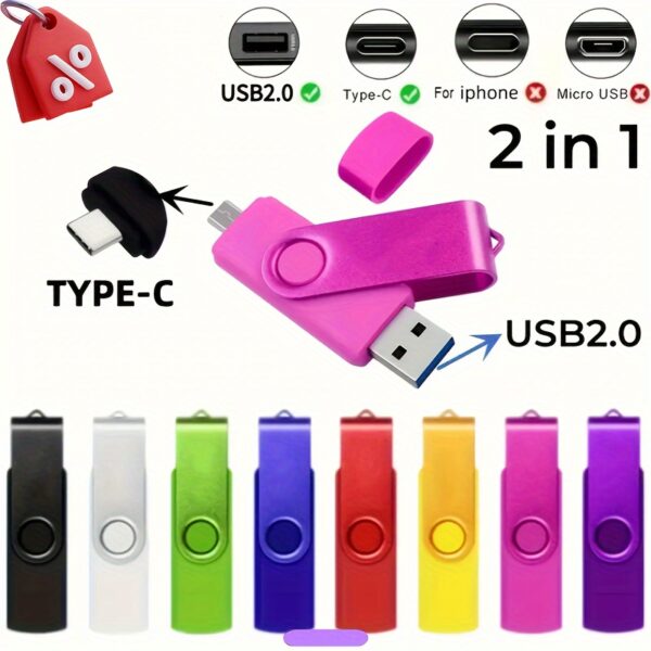 2-in-1 USB 2.0 & Type-C Flash Drive - Rotatable Pen Design, Metal Memory Stick, 128GB/256GB Options - Image 5
