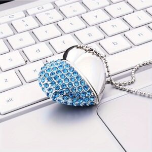 VANSUNY 64GB Heart-shaped USB 2.0 Flash Drive Crystal Memory Stick Thumb Drive Jumping Jewelry Pendant Necklace With Keychain - Blue