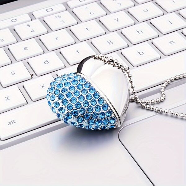 VANSUNY 64GB Heart-shaped USB 2.0 Flash Drive Crystal Memory Stick Thumb Drive Jumping Jewelry Pendant Necklace With Keychain - Blue
