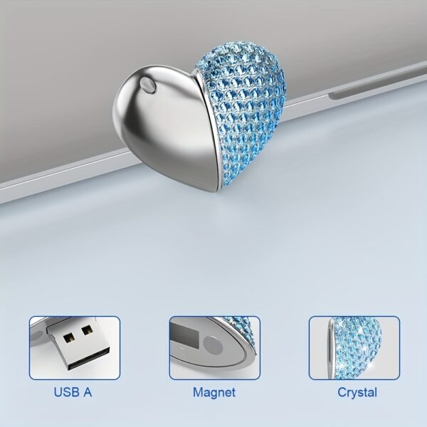 VANSUNY 64GB Heart-shaped USB 2.0 Flash Drive Crystal Memory Stick Thumb Drive Jumping Jewelry Pendant Necklace With Keychain - Blue - Image 3