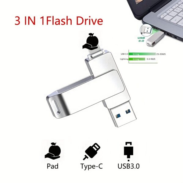 TOPESEL USB 3.0 128GB Memory Stick, 3-in-1 Flash Drive For Pad, Android Phone/Tablet, PC, OTG Swivel USB Flash Drive USB Flash Drive Rugged Metallic Silver High Speed Photo Memory Stick External Memory, Thumb Drive For Android/Pad/Computer/PC - Image 2