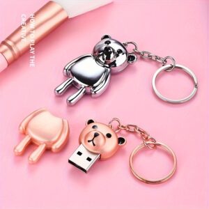Metal Bear Creative Flash Drive 128GB/64GB Silvery/Pink Mini Usb Flash Drive Memory Stick Gift For Student Office Key Chain For Computer