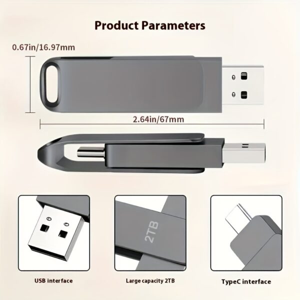 2TB USB Flash Drive Type-C Dual Interface Phone Computer Dual-use Compatible With Most Electronic Devices - Plug And Play Read And Write Speed Efficient Transfer Thumb Drive 2TB Memory Stick 2000GB Pen Drive 2TB 360 ° Rotating Metal Style Keychain Design Safe And, Lightweight And Portable, Suitable For Various Occasions Such As Business, Office, Learning And Entertainment - Image 2