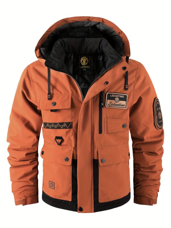 Men's Street Style Hooded Polyester Jacket with Zipper Front, Casual Outdoor Multi-Pocket Coat, Thickened Windproof with Removable Hood, Loose Fit, Long Sleeve, Woven, Alphabet Pattern, Unisex - Image 6