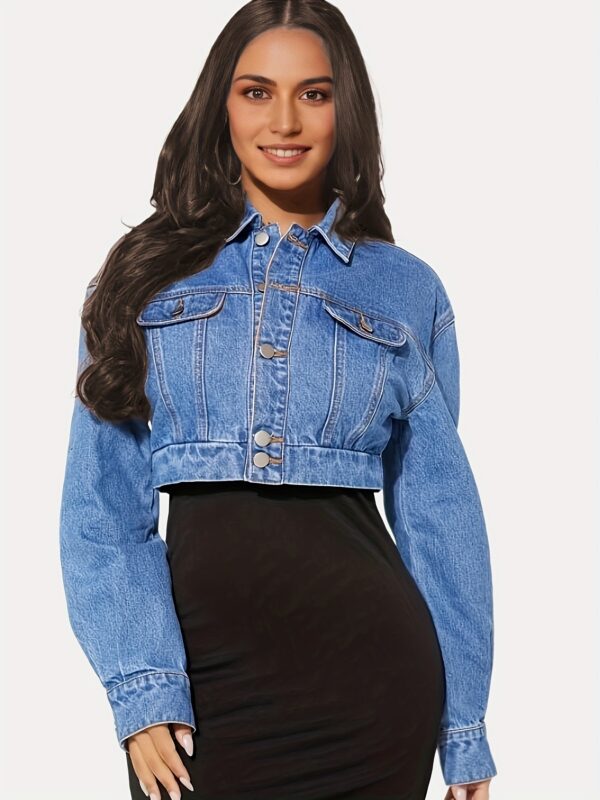 Single-breasted Long Sleeve Collar Denim Jeacket, Drop Shoulder Flap Design Crop Denim Coat, Women's Denim Jeans & Clothing - Image 4