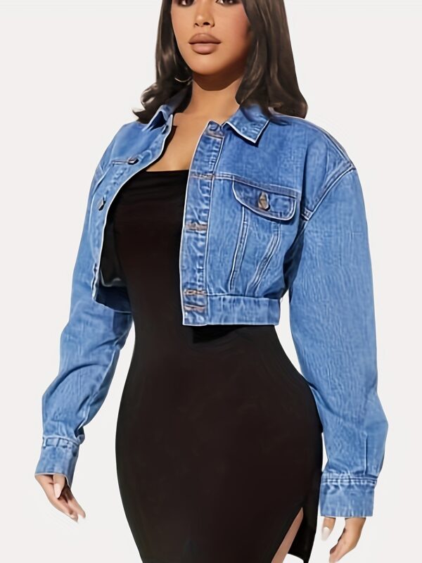 Single-breasted Long Sleeve Collar Denim Jeacket, Drop Shoulder Flap Design Crop Denim Coat, Women's Denim Jeans & Clothing - Image 6
