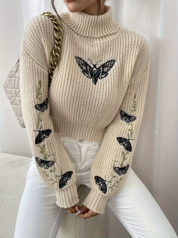 Butterfly Pattern Turtle Neck Pullover Sweater, Casual Long Sleeve Crop Sweater, Women's Clothing