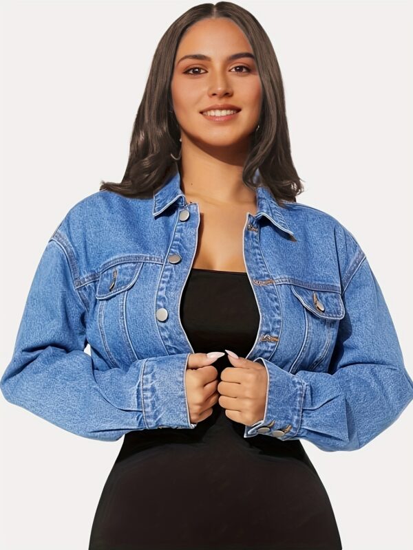 Single-breasted Long Sleeve Collar Denim Jeacket, Drop Shoulder Flap Design Crop Denim Coat, Women's Denim Jeans & Clothing - Image 2