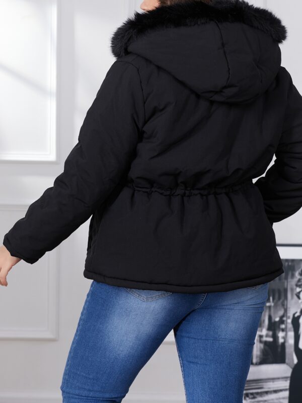Plus Size Color Block Quilted Drawstring Waist Coat, Casual Pocket Fuzzy Hooded Long Sleeve Full Zipper Coat For Winter, Women's Plus Size Clothing - Image 6
