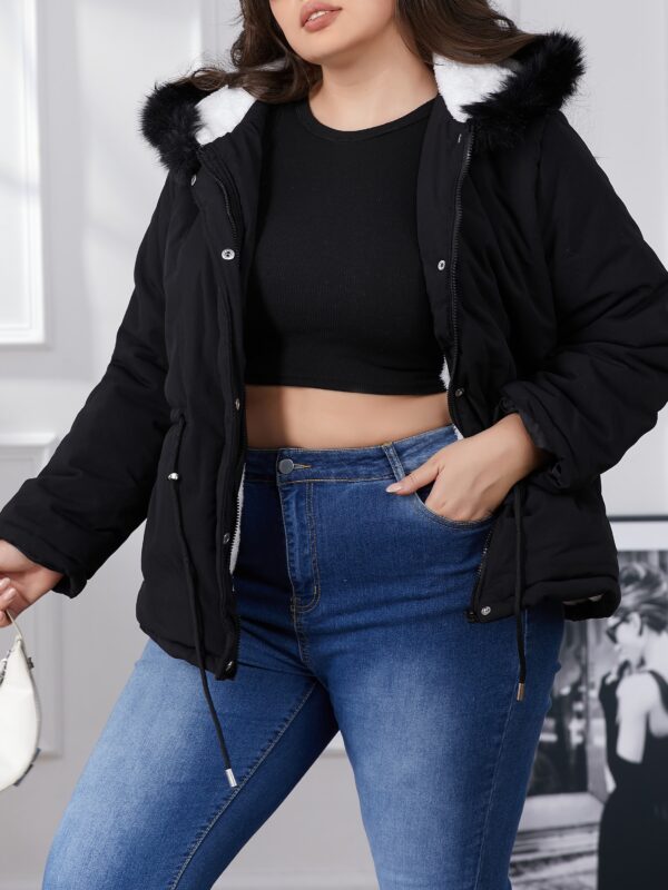 Plus Size Color Block Quilted Drawstring Waist Coat, Casual Pocket Fuzzy Hooded Long Sleeve Full Zipper Coat For Winter, Women's Plus Size Clothing - Image 3