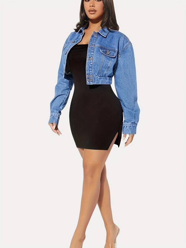 Single-breasted Long Sleeve Collar Denim Jeacket, Drop Shoulder Flap Design Crop Denim Coat, Women's Denim Jeans & Clothing - Image 7
