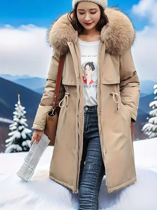 Street Style Adult Hoodie Top - Winter Thickened Solid Color Polyester Coat with Drawstring Waist, Woven Women's Fashion Mid-Length Parka - Image 3