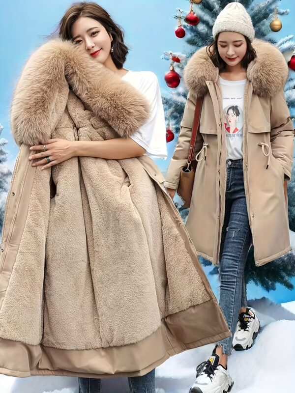 Street Style Adult Hoodie Top - Winter Thickened Solid Color Polyester Coat with Drawstring Waist, Woven Women's Fashion Mid-Length Parka
