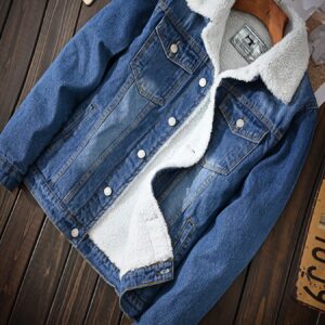 Men's Vintage American Denim Jacket with Fleece Lining - Casual Lapel Collar, Cotton Blend, Long Sleeve, Non-Stretch, Solid Color, Regular Fit, Woven Fabric, Single Breasted with Pockets