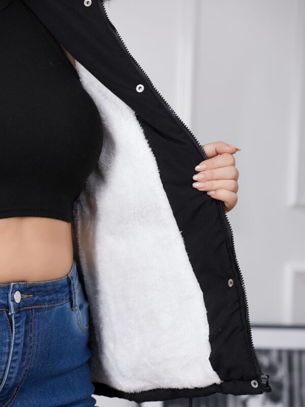 Plus Size Color Block Quilted Drawstring Waist Coat, Casual Pocket Fuzzy Hooded Long Sleeve Full Zipper Coat For Winter, Women's Plus Size Clothing - Image 4