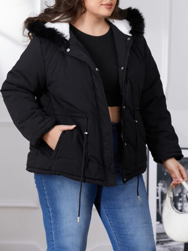 Plus Size Color Block Quilted Drawstring Waist Coat, Casual Pocket Fuzzy Hooded Long Sleeve Full Zipper Coat For Winter, Women's Plus Size Clothing