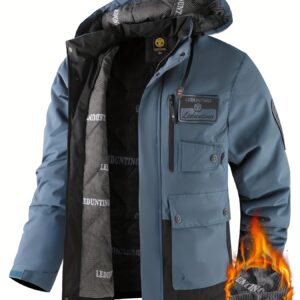 Men's Street Style Hooded Polyester Jacket with Zipper Front, Casual Outdoor Multi-Pocket Coat, Thickened Windproof with Removable Hood, Loose Fit, Long Sleeve, Woven, Alphabet Pattern, Unisex