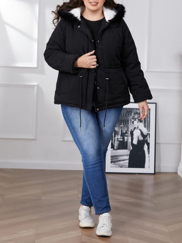 Plus Size Color Block Quilted Drawstring Waist Coat, Casual Pocket Fuzzy Hooded Long Sleeve Full Zipper Coat For Winter, Women's Plus Size Clothing - Image 5