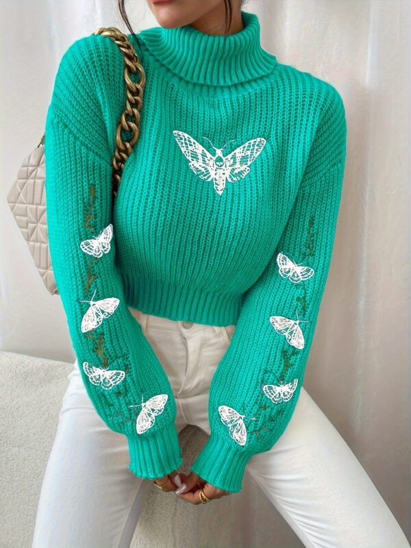 Butterfly Pattern Turtle Neck Pullover Sweater, Casual Long Sleeve Crop Sweater, Women's Clothing - Image 6
