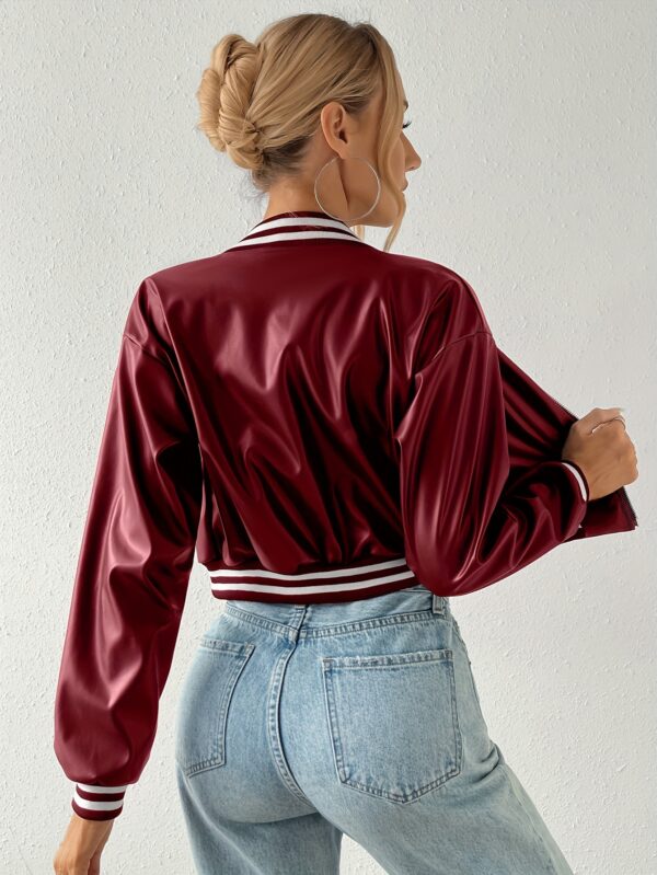 Faux Leather Crop Jacket, Y2K Zip Front Long Sleeve Jacket For Fall & Winter, Women's Clothing - Image 4