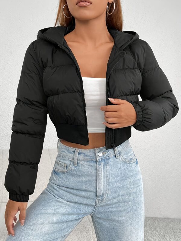 Zipper Stand Collar Crop Jacket, Casual Long Sleeve Jacket For Winter, Women's Clothing - Image 2