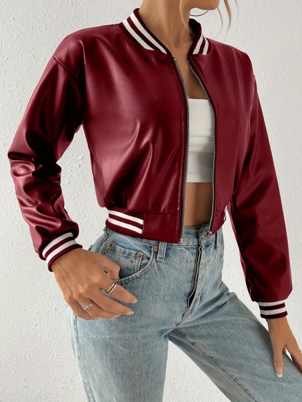 Faux Leather Crop Jacket, Y2K Zip Front Long Sleeve Jacket For Fall & Winter, Women's Clothing - Image 10
