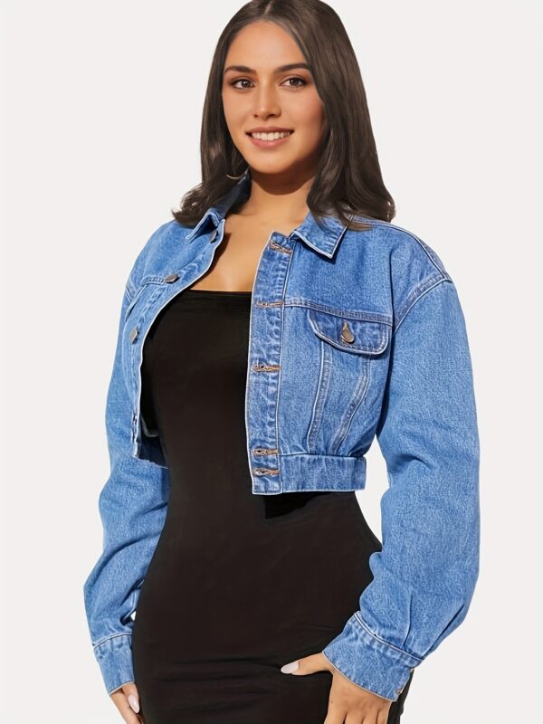 Single-breasted Long Sleeve Collar Denim Jeacket, Drop Shoulder Flap Design Crop Denim Coat, Women's Denim Jeans & Clothing - Image 5