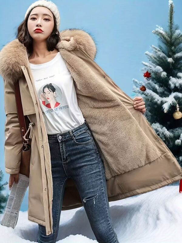 Street Style Adult Hoodie Top - Winter Thickened Solid Color Polyester Coat with Drawstring Waist, Woven Women's Fashion Mid-Length Parka - Image 2