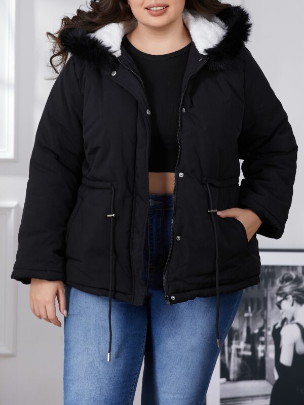 Plus Size Color Block Quilted Drawstring Waist Coat, Casual Pocket Fuzzy Hooded Long Sleeve Full Zipper Coat For Winter, Women's Plus Size Clothing - Image 2