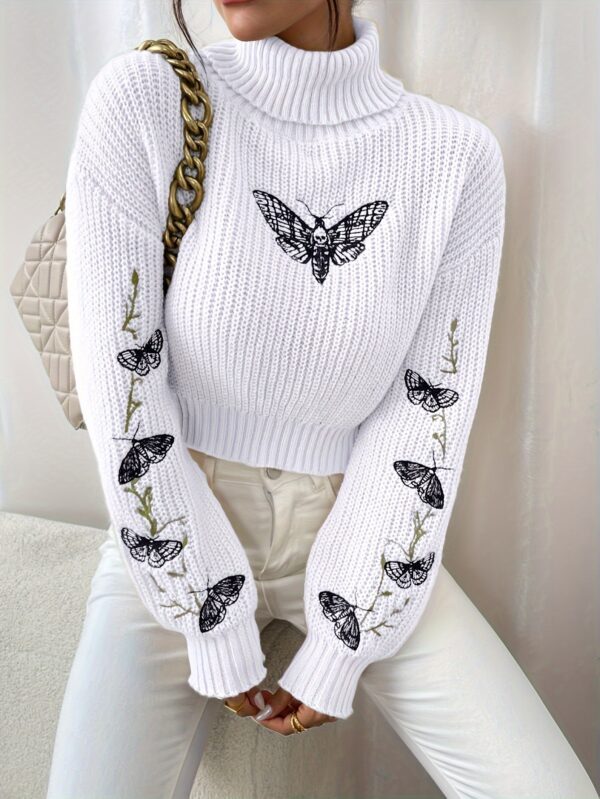 Butterfly Pattern Turtle Neck Pullover Sweater, Casual Long Sleeve Crop Sweater, Women's Clothing - Image 3