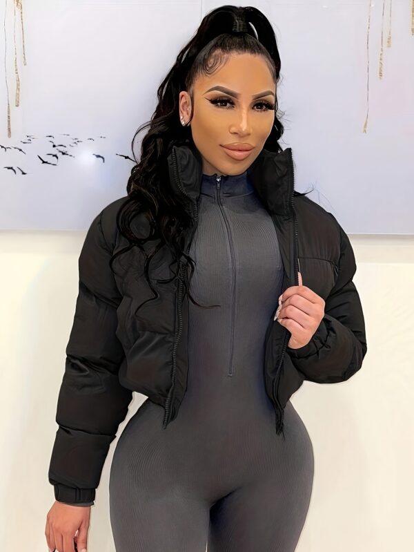 Zip Up Solid Parka, Casual Long Sleeve Winter Warm Outerwear, Women's Clothing - Image 4