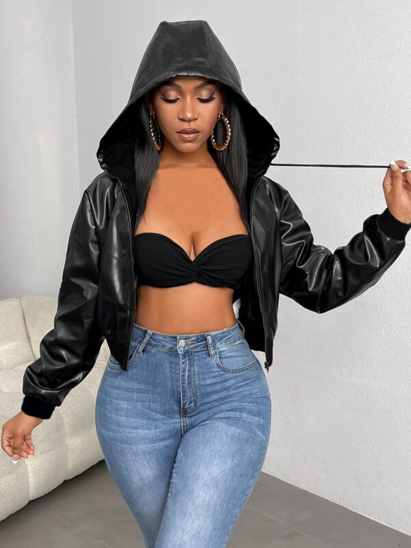 Pu Leather Hooded Sports Jacket, Zipper Casual Drawstring Hooded Coat, Women's Activewear - Image 2
