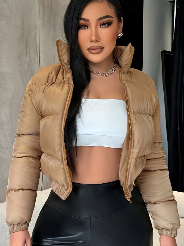 Zip-up Crop Lapel Puffy Coat, Casual Thermal Long Sleeve Coat For Fall & Winter, Women's Clothing - Image 2