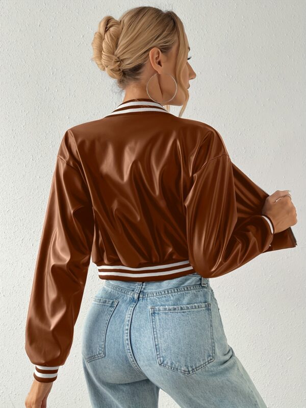 Faux Leather Crop Jacket, Y2K Zip Front Long Sleeve Jacket For Fall & Winter, Women's Clothing - Image 5