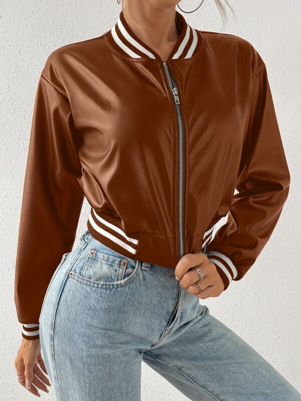 Faux Leather Crop Jacket, Y2K Zip Front Long Sleeve Jacket For Fall & Winter, Women's Clothing - Image 3