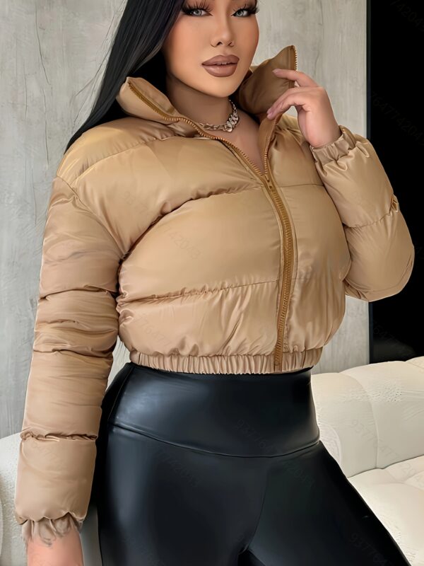 Zip-up Crop Lapel Puffy Coat, Casual Thermal Long Sleeve Coat For Fall & Winter, Women's Clothing - Image 4