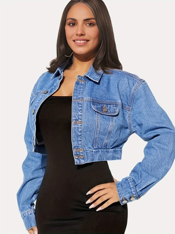 Single-breasted Long Sleeve Collar Denim Jeacket, Drop Shoulder Flap Design Crop Denim Coat, Women's Denim Jeans & Clothing - Image 3