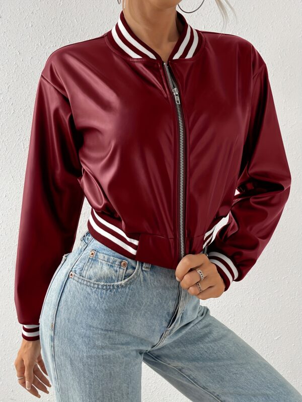 Faux Leather Crop Jacket, Y2K Zip Front Long Sleeve Jacket For Fall & Winter, Women's Clothing - Image 2