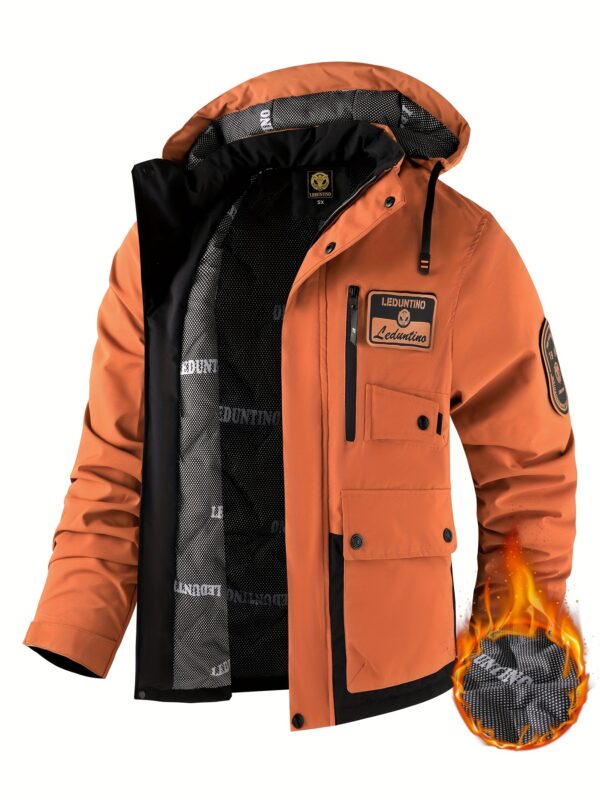 Men's Street Style Hooded Polyester Jacket with Zipper Front, Casual Outdoor Multi-Pocket Coat, Thickened Windproof with Removable Hood, Loose Fit, Long Sleeve, Woven, Alphabet Pattern, Unisex - Image 3